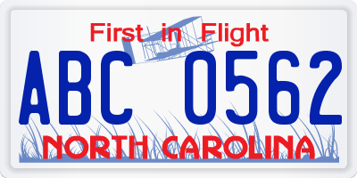 NC license plate ABC0562