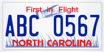 NC license plate ABC0567