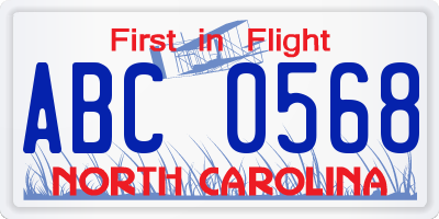 NC license plate ABC0568