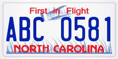 NC license plate ABC0581