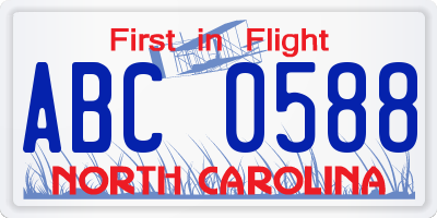 NC license plate ABC0588