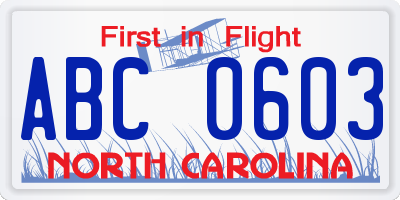 NC license plate ABC0603