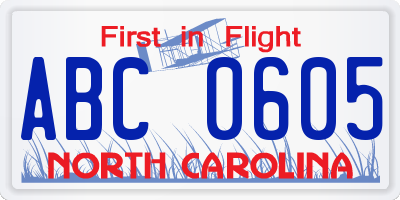 NC license plate ABC0605