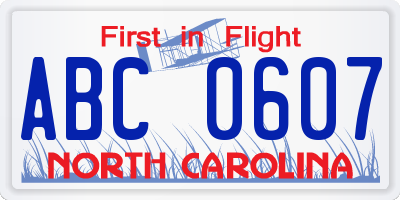 NC license plate ABC0607
