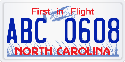 NC license plate ABC0608