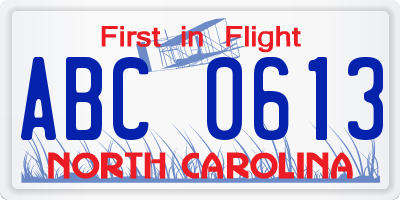 NC license plate ABC0613