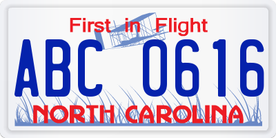 NC license plate ABC0616