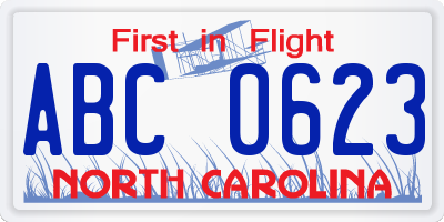 NC license plate ABC0623