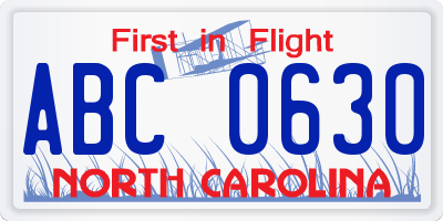 NC license plate ABC0630