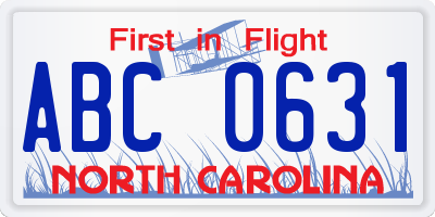 NC license plate ABC0631