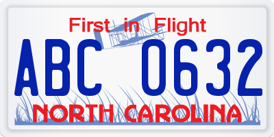 NC license plate ABC0632