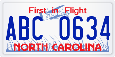 NC license plate ABC0634