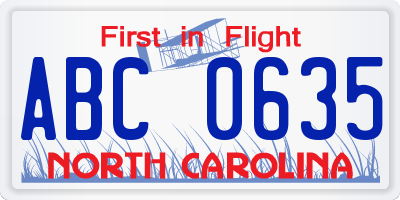 NC license plate ABC0635