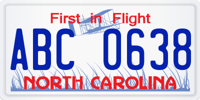 NC license plate ABC0638