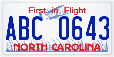 NC license plate ABC0643