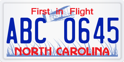 NC license plate ABC0645