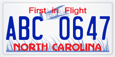 NC license plate ABC0647