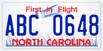 NC license plate ABC0648