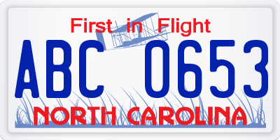 NC license plate ABC0653