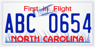 NC license plate ABC0654