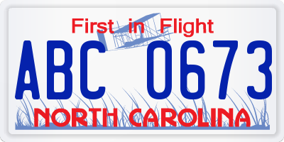 NC license plate ABC0673