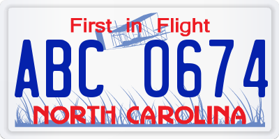 NC license plate ABC0674