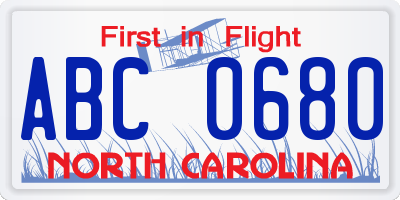 NC license plate ABC0680