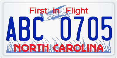 NC license plate ABC0705