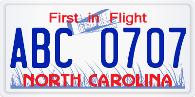 NC license plate ABC0707