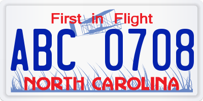NC license plate ABC0708