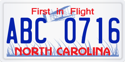 NC license plate ABC0716