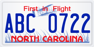 NC license plate ABC0722