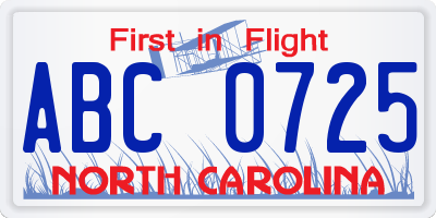 NC license plate ABC0725