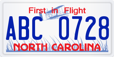 NC license plate ABC0728