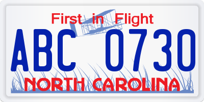 NC license plate ABC0730