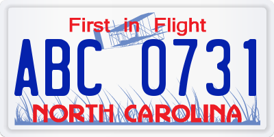NC license plate ABC0731