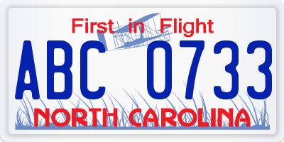 NC license plate ABC0733