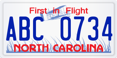NC license plate ABC0734