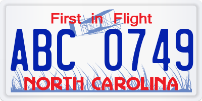 NC license plate ABC0749