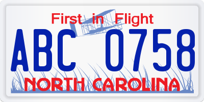 NC license plate ABC0758