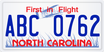 NC license plate ABC0762