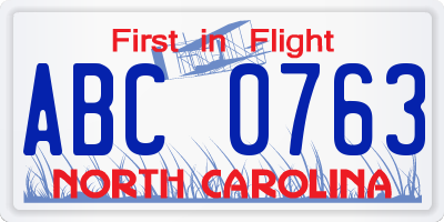 NC license plate ABC0763
