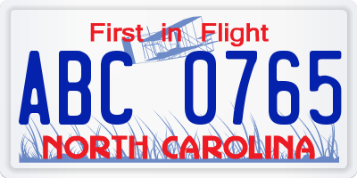 NC license plate ABC0765