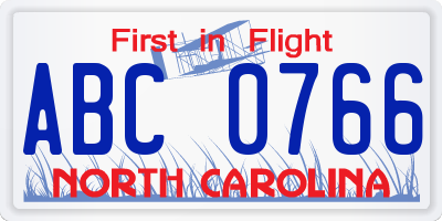 NC license plate ABC0766