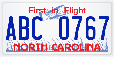 NC license plate ABC0767