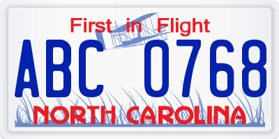 NC license plate ABC0768