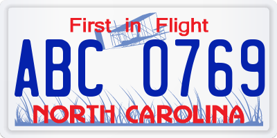 NC license plate ABC0769