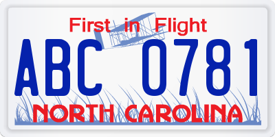 NC license plate ABC0781