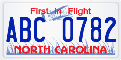 NC license plate ABC0782