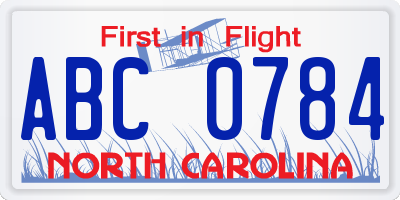 NC license plate ABC0784